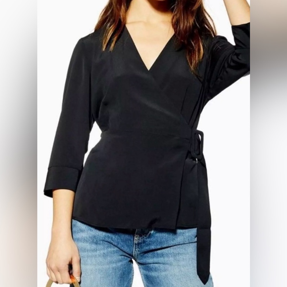 Classic Black Wrap Blouse with Belt Topshop size S